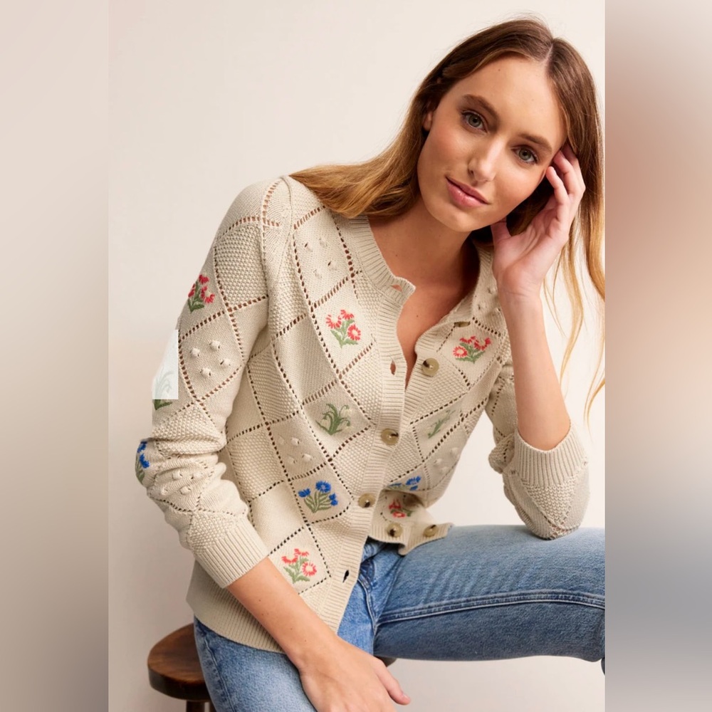 NEW BODEN Cotton Embroidered Cardigan, Small size, Warm Ivory color